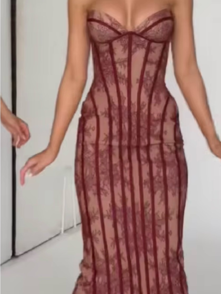 Source Unknown Strapless Lace Corset Maxi Dress In Wine